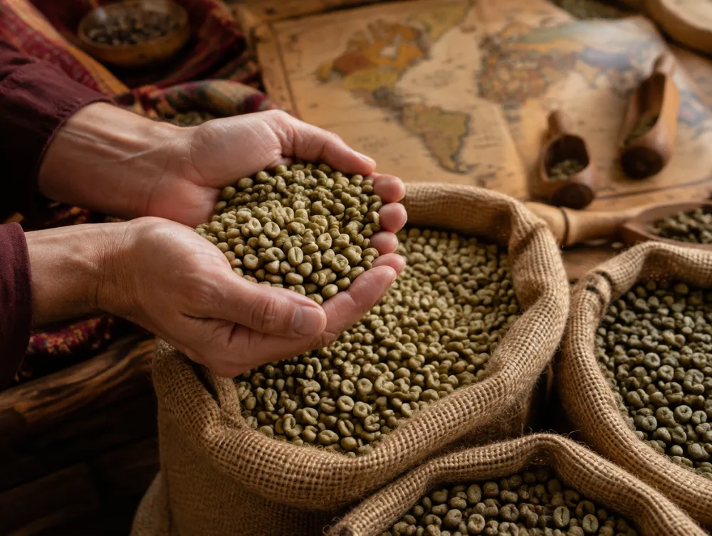 يدان تحملان حبوب بن خضراء فوق أكياس خيش من مصادر مختلفة